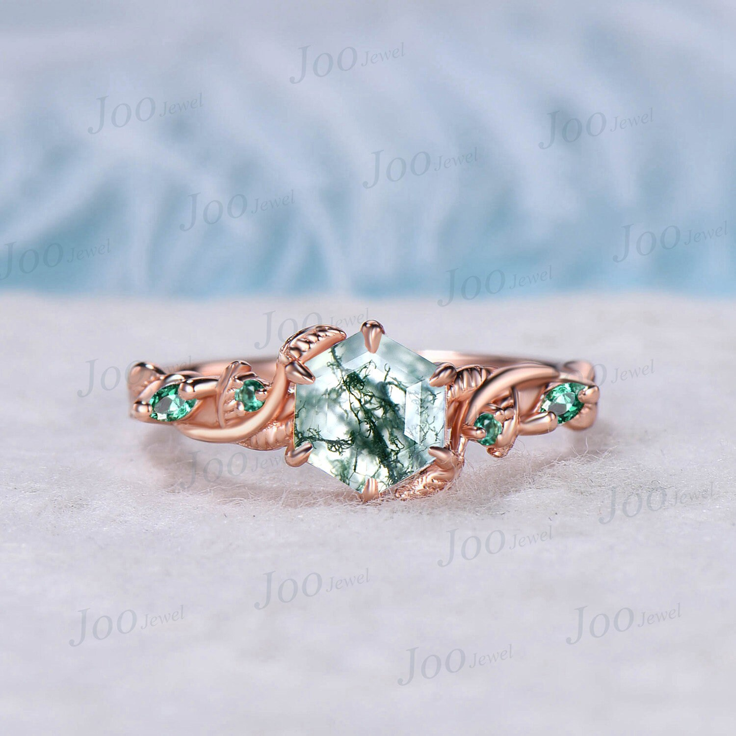 1ct Branch Leaves Natural Moss Agate Ring Set Nature Inspired Moss Agate Ring Set Unique Emerald Leaf Engagement Ring Handmade Propose Gifts
