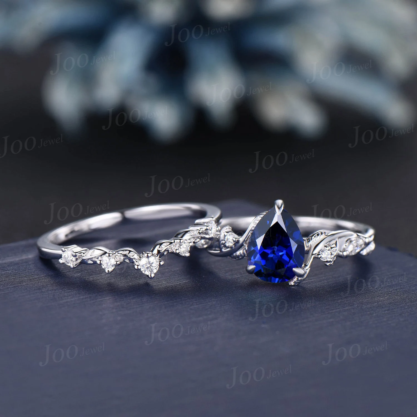1.25ct Twig Vine Nature Inspired Blue Sapphire Engagement Ring 14K White Gold Pear Wedding Ring Leaf Bridal Set September Birthstone Gifts