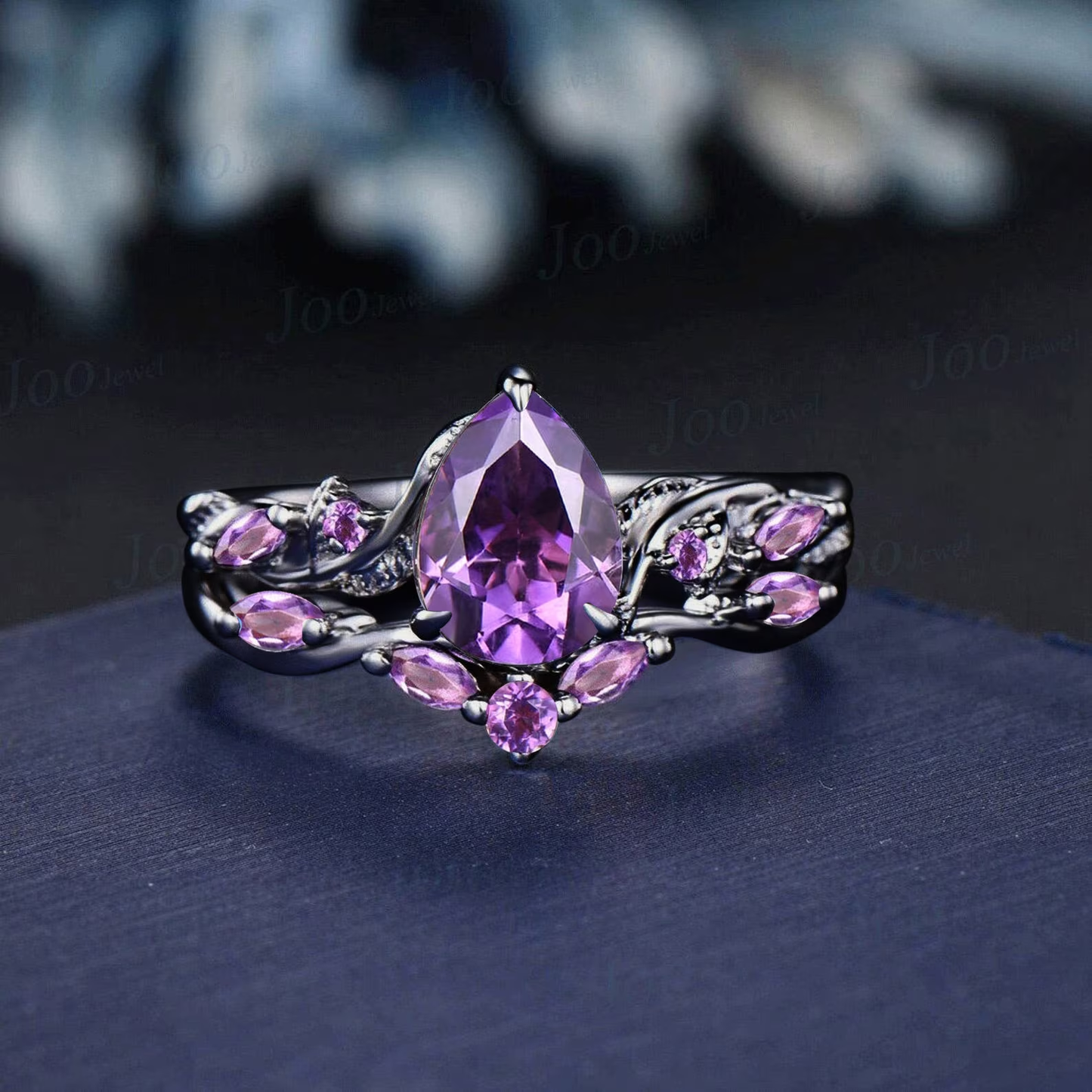 Nature Inspired Natural Amethyst Engagement Ring Set 1.25ct Twist Twig Vine Pear Wedding Ring Unique Proposal Ring February Birthstone Gifts