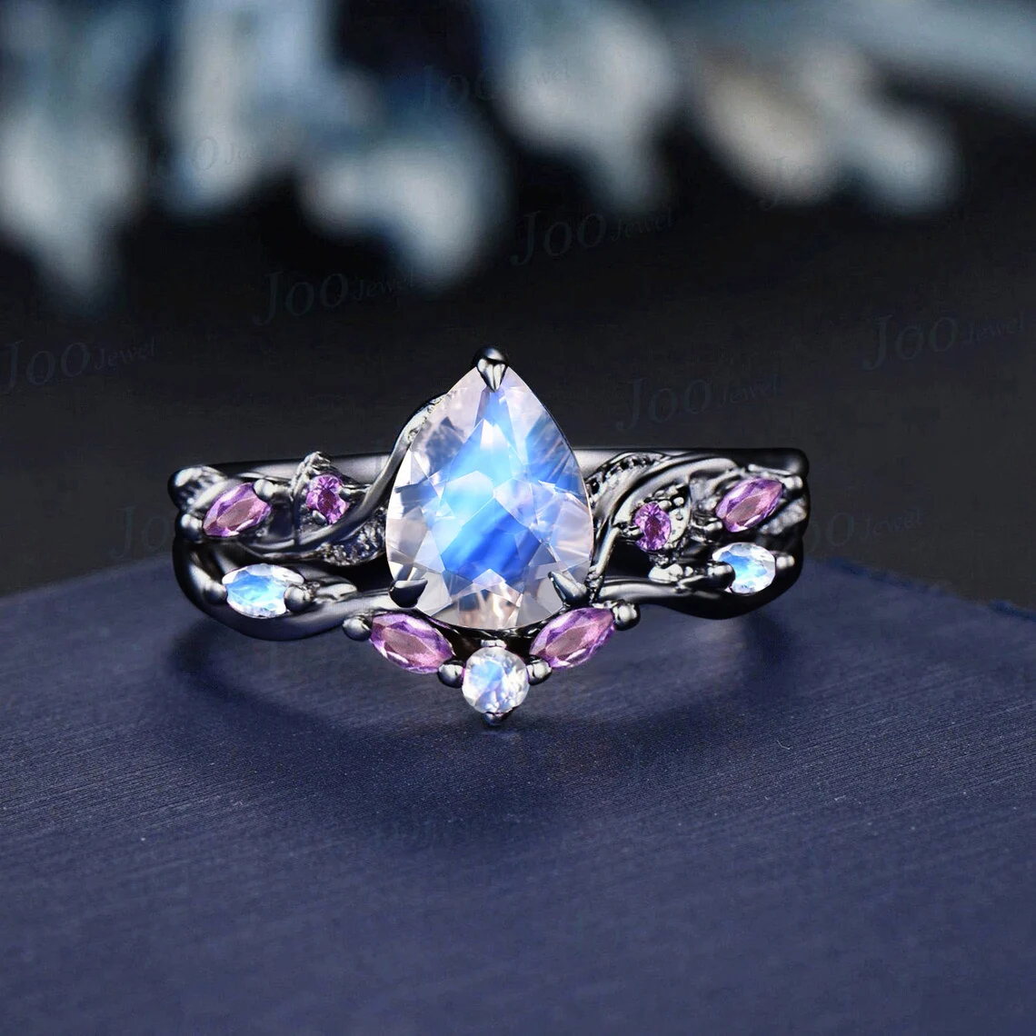 1.25ct Pear Cut Natural Moonstone Amethyst Wedding Ring Set 14K White Gold Nature Inspired Moonstone Jewelry for Women June Birthstone Gift