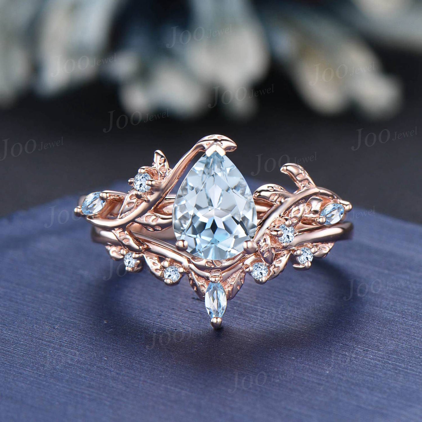 Pear Shaped Natural Aquamarine Engagement Ring Set Rose Gold Leaf Branch Nature Inspired Aquamarine Wedding Ring Set for Women Jewelry Gifts