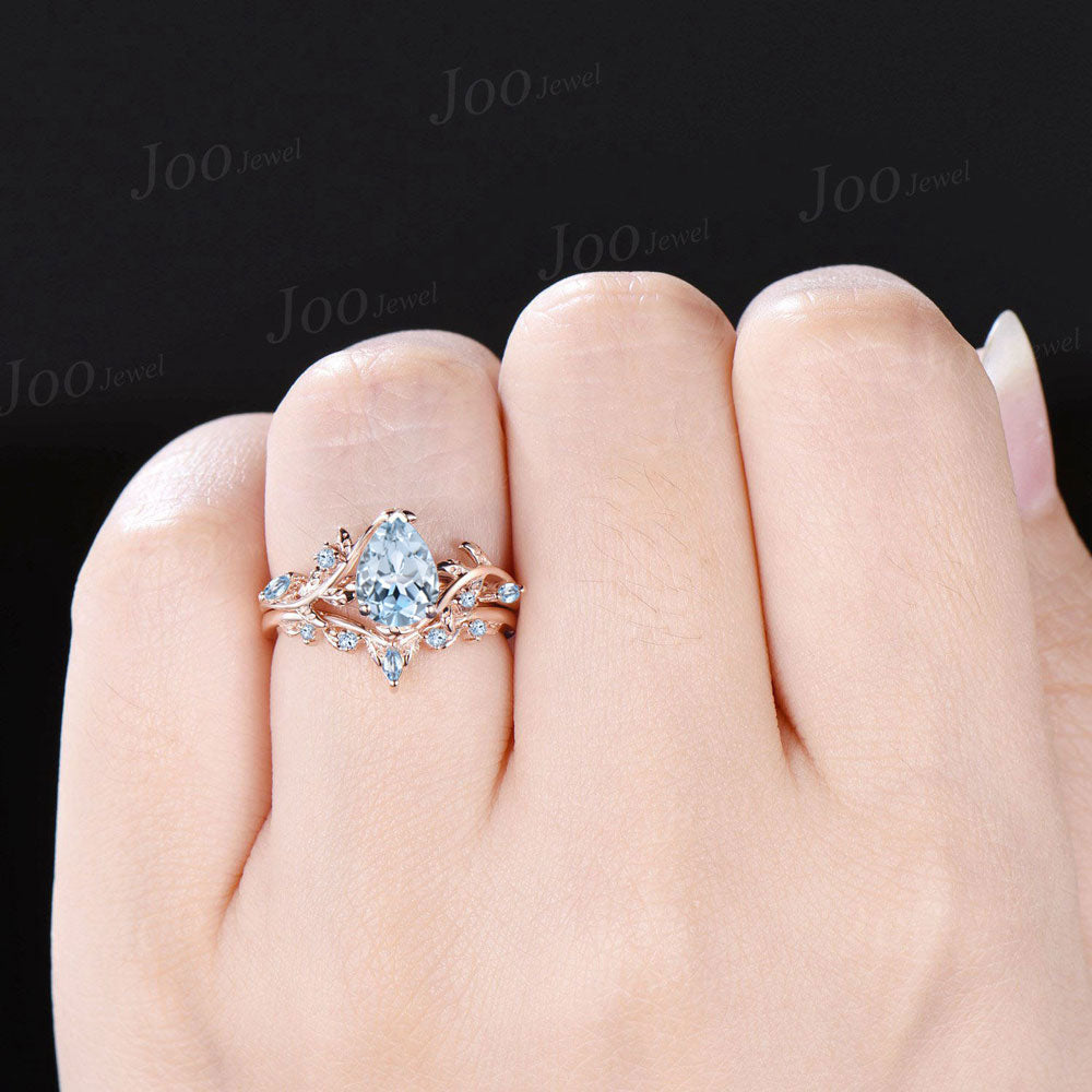 Pear Shaped Natural Aquamarine Engagement Ring Set Rose Gold Leaf Branch Nature Inspired Aquamarine Wedding Ring Set for Women Jewelry Gifts