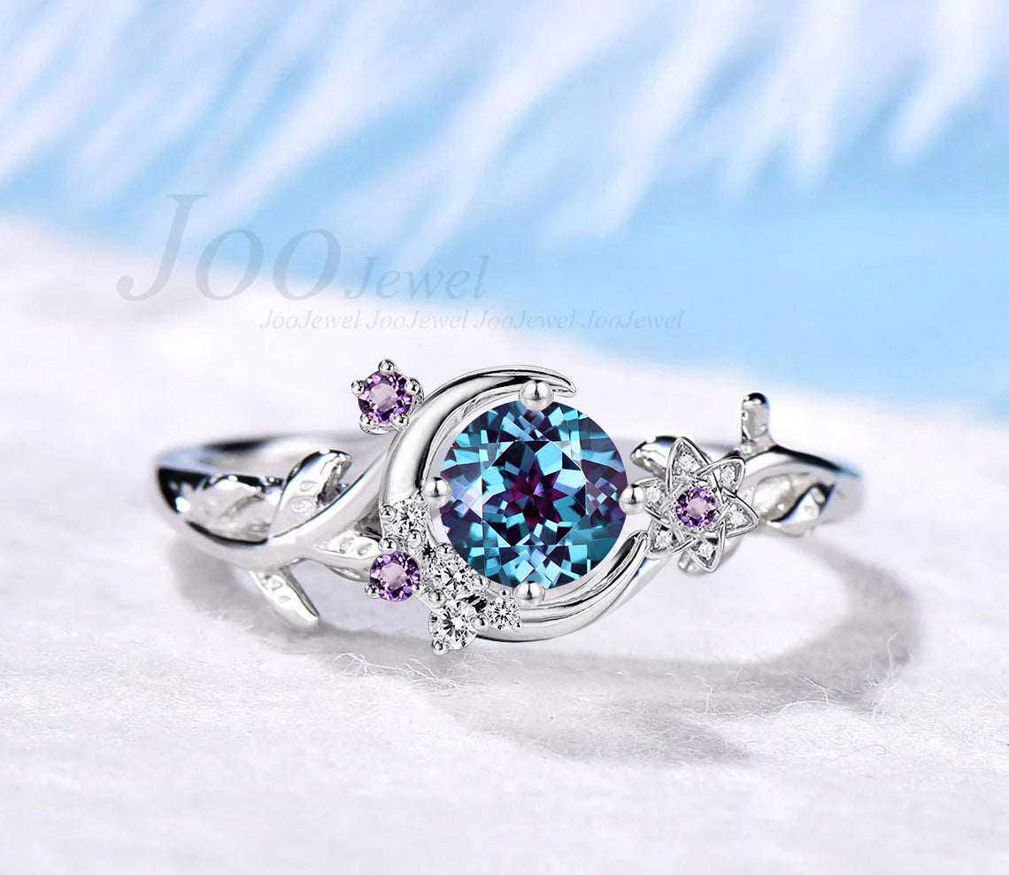 Color-Change Alexandrite Ring Vintage Cluster Amethyst Ring Rose Gold Leaf Moon Engagement Ring Star Flower Moissanite Bridal Ring For Women