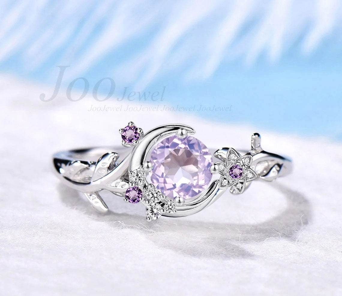 Round Lavender Amethyst Wedding Ring Crescent Moon Design Vintage Leaf Branch Flower Amethyst Dainty Cluster Crystal Promise Ring for Women