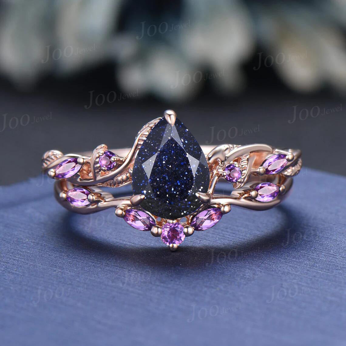 1.25ct Nature Inspired Pear Galaxy Blue Sandstone Amethyst Bridal Set Unique Twig Vine Teardrop Blue Goldstone Black Gold Wedding Ring Set