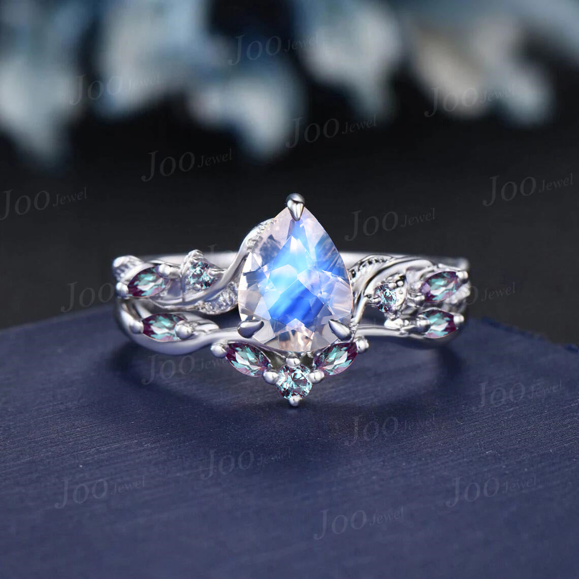 14K Black Gold Engagement Ring Set 1.25ct Pear Natural Moonstone Alexandrite Wedding Ring Nature Inspired Moonstone Jewelry Gifts for Women