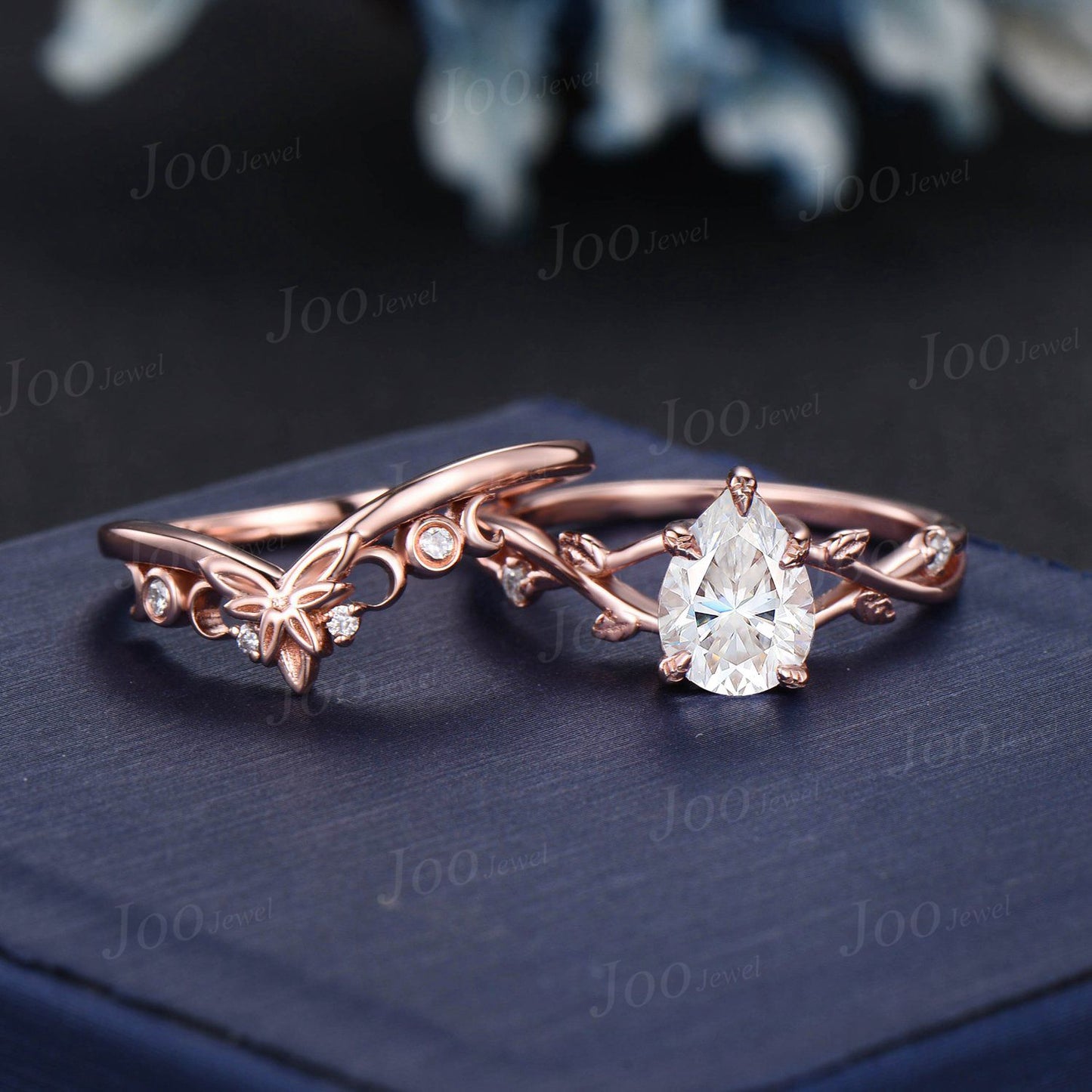 1.25ct Pear Moissanite Diamond Twig Vine Ring Set 14K Rose Gold Nature Inspired Moissanite Engagement Ring Unique Promise Anniversary Rings