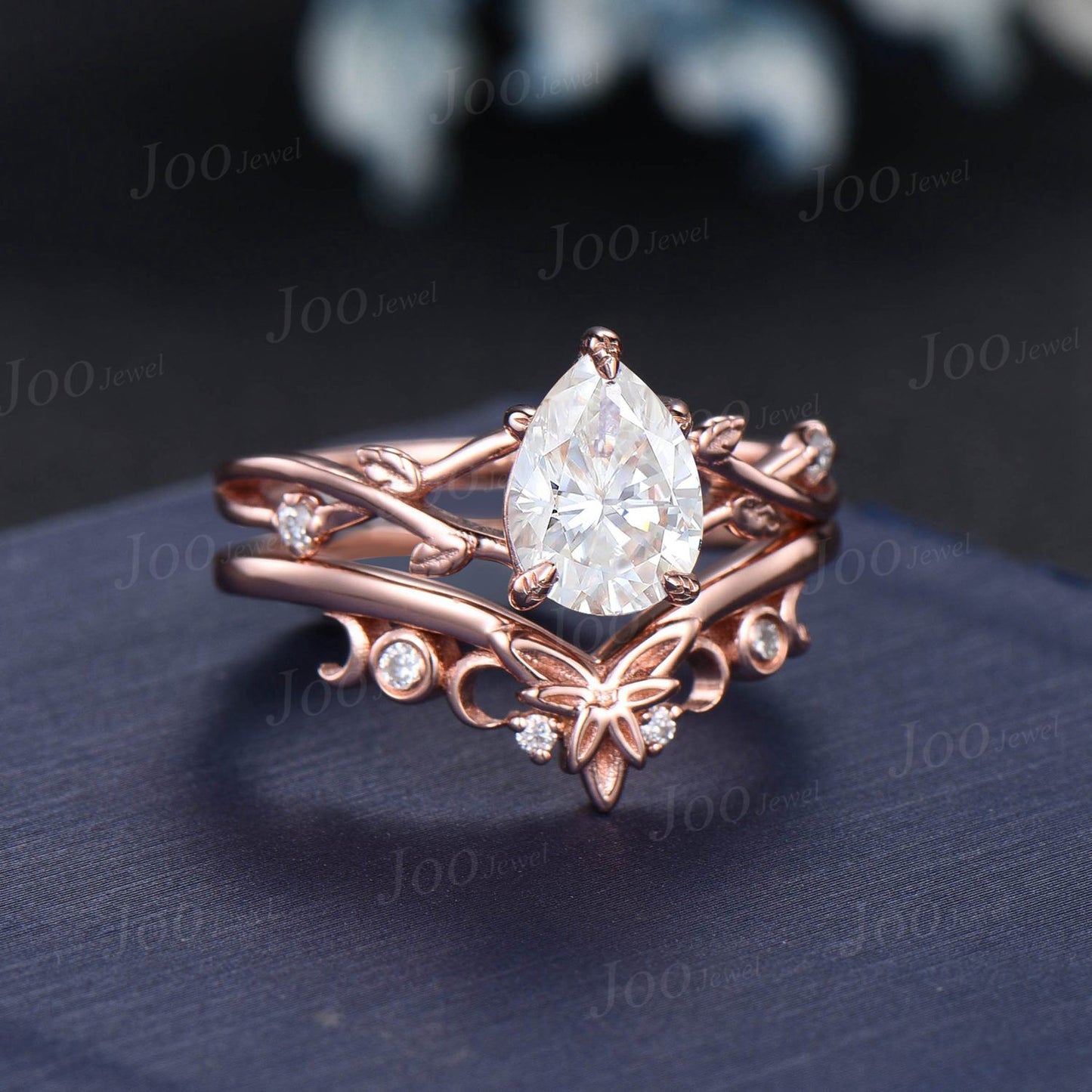 1.25ct Pear Moissanite Diamond Twig Vine Ring Set 14K Rose Gold Nature Inspired Moissanite Engagement Ring Unique Promise Anniversary Rings