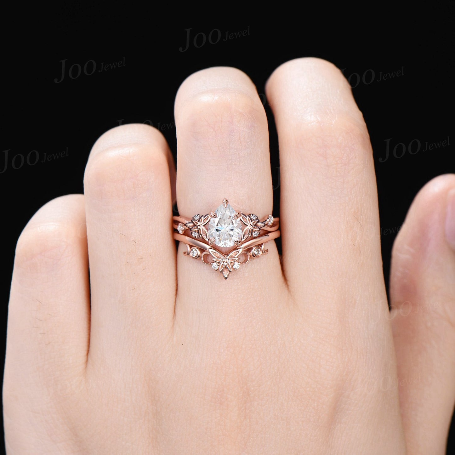 Celtic Branch Twig Vine Moissanite Diamond Bridal Ring Set Nature Inspired Leaf Pear Engagement Ring 14K Rose Gold Trinity Knot Moon Rings