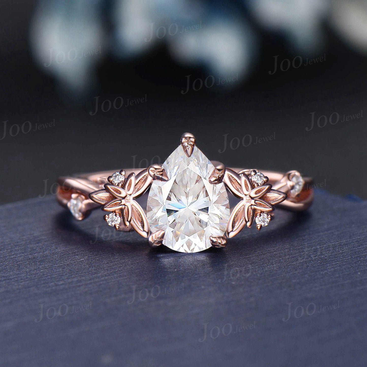 Celtic Branch Twig Vine Moissanite Diamond Bridal Ring Set Nature Inspired Leaf Pear Engagement Ring 14K Rose Gold Trinity Knot Moon Rings