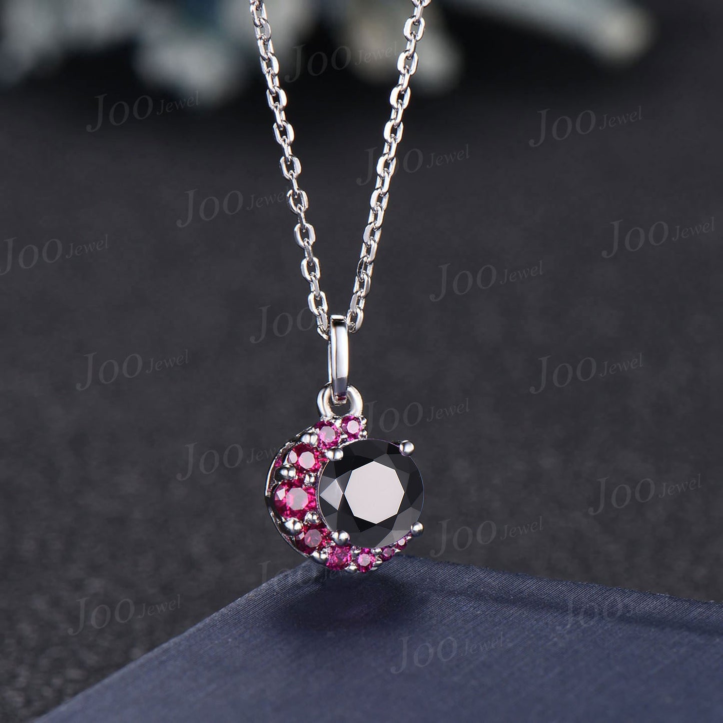 Round Cut Natural Black Onyx and Ruby Necklace Sterling Silver Crescent Moon Pendant Vintage Antique June Birthstone Necklace Birthday Gifts