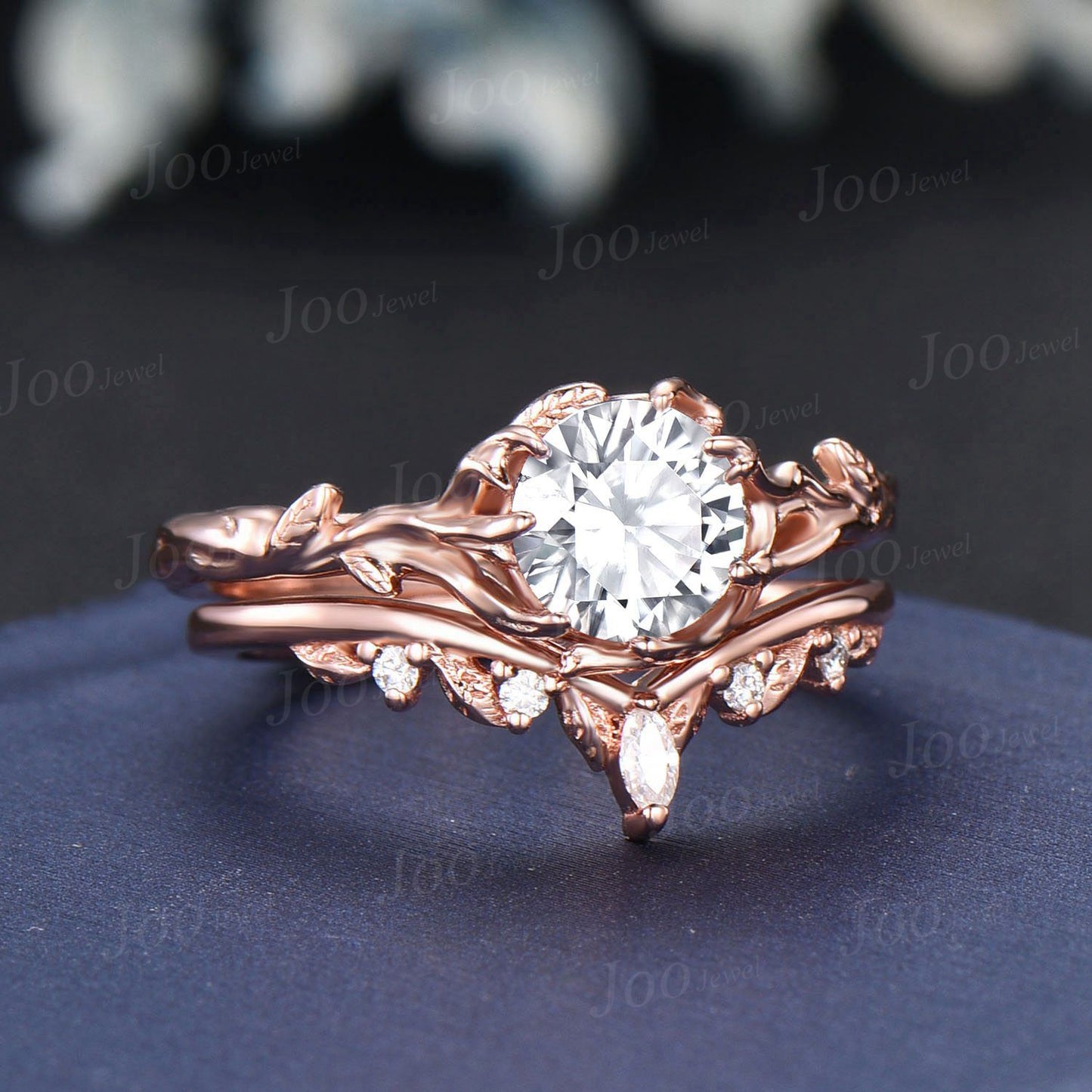 Nature Inspired Textured Twig Vine Bridal Ring 14K Rose Gold Tree Bark Design Round Cut Moissanite Diamond Engagement Ring Set for Women