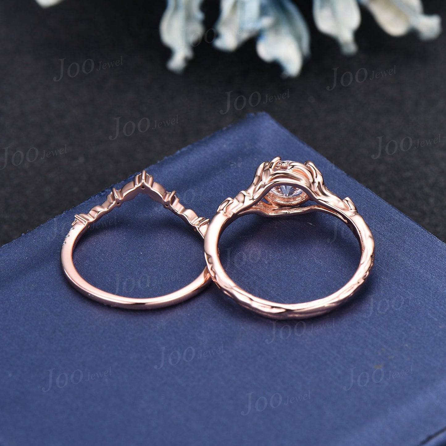 Nature Inspired Textured Twig Vine Bridal Ring 14K Rose Gold Tree Bark Design Round Cut Moissanite Diamond Engagement Ring Set for Women