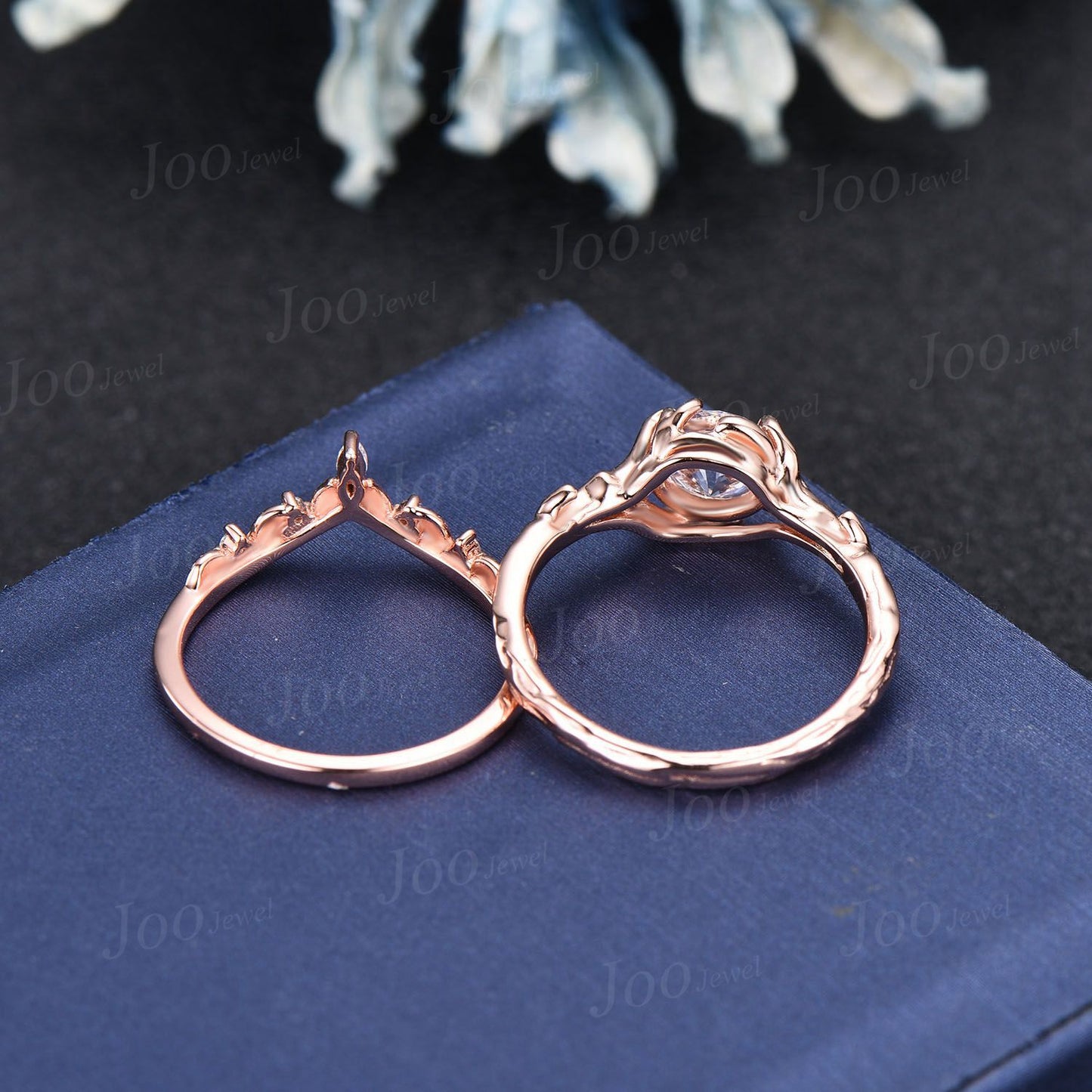Nature Inspired Textured Twig Vine Bridal Ring 14K Rose Gold Tree Bark Design Round Cut Moissanite Diamond Engagement Ring Set for Women