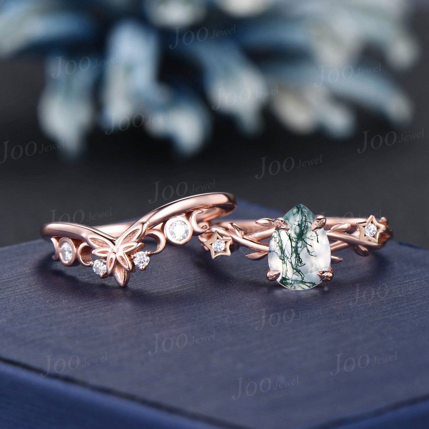 Twist Twig Vine Moss Agate Diamond Moon Star Ring Set 1.25ct Pear Moss Agate Engagement Ring Set Nature Inspired Aquatic Agate Bridal Ring