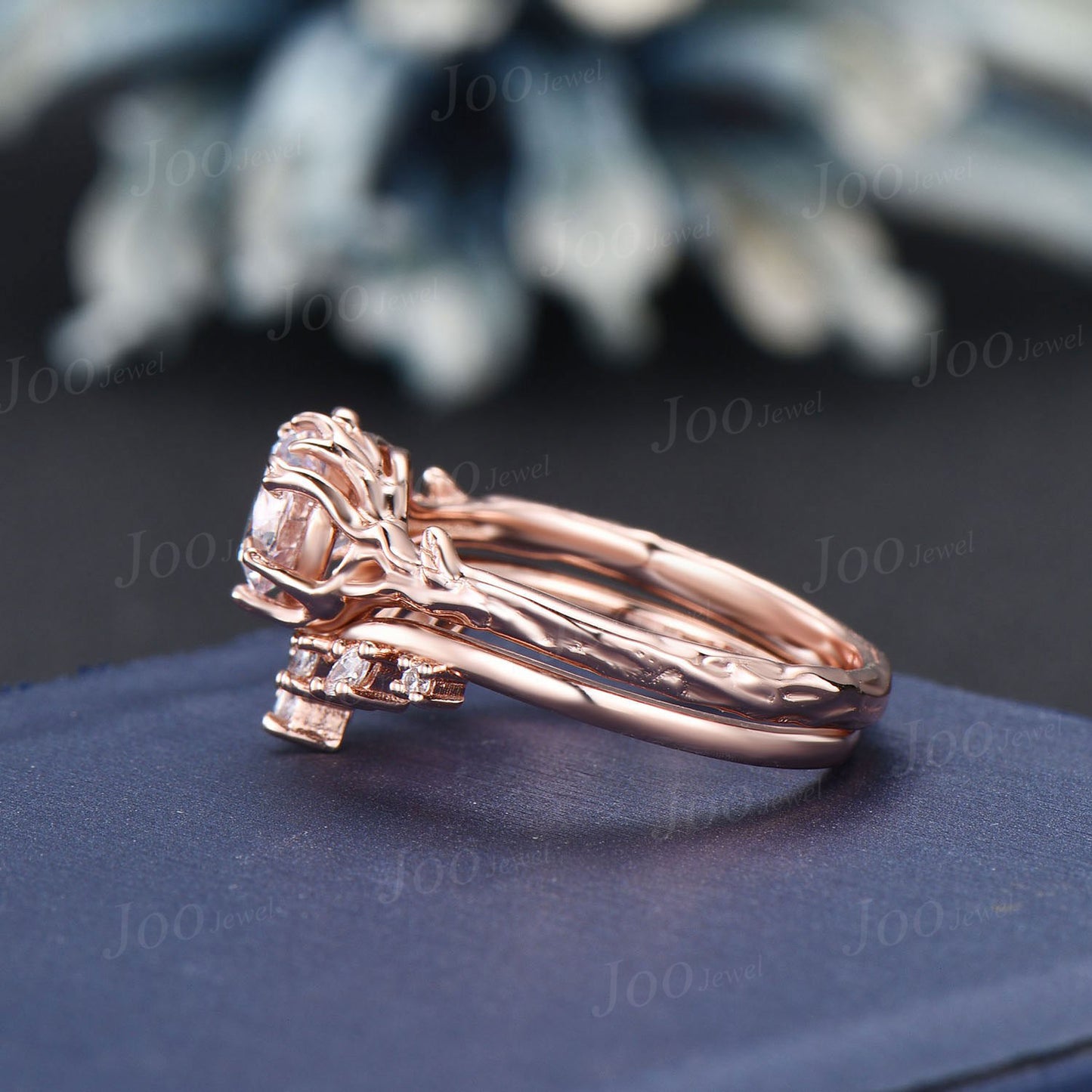 Twig Vine White Fire Opal Solitaire Wedding Rings 14K Rose Gold Moonstone Ring Set Tree Bark Nature Themed Round Opal Bridal Set for Women