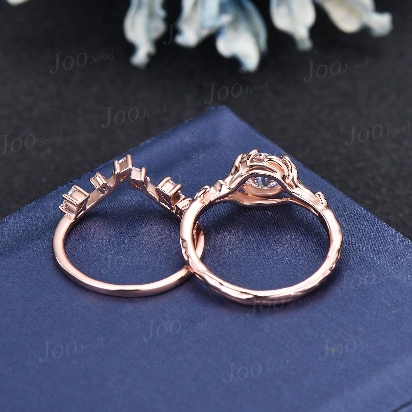 Twig Vine White Fire Opal Solitaire Wedding Rings 14K Rose Gold Moonstone Ring Set Tree Bark Nature Themed Round Opal Bridal Set for Women