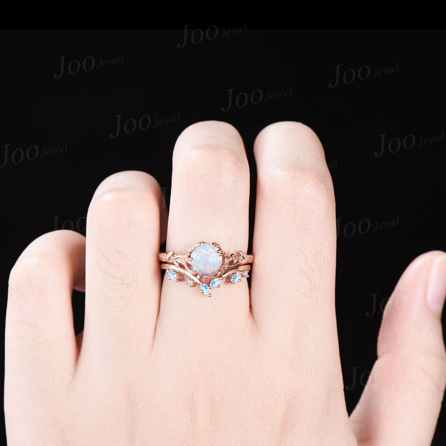 Twig Vine White Fire Opal Solitaire Wedding Rings 14K Rose Gold Moonstone Ring Set Tree Bark Nature Themed Round Opal Bridal Set for Women