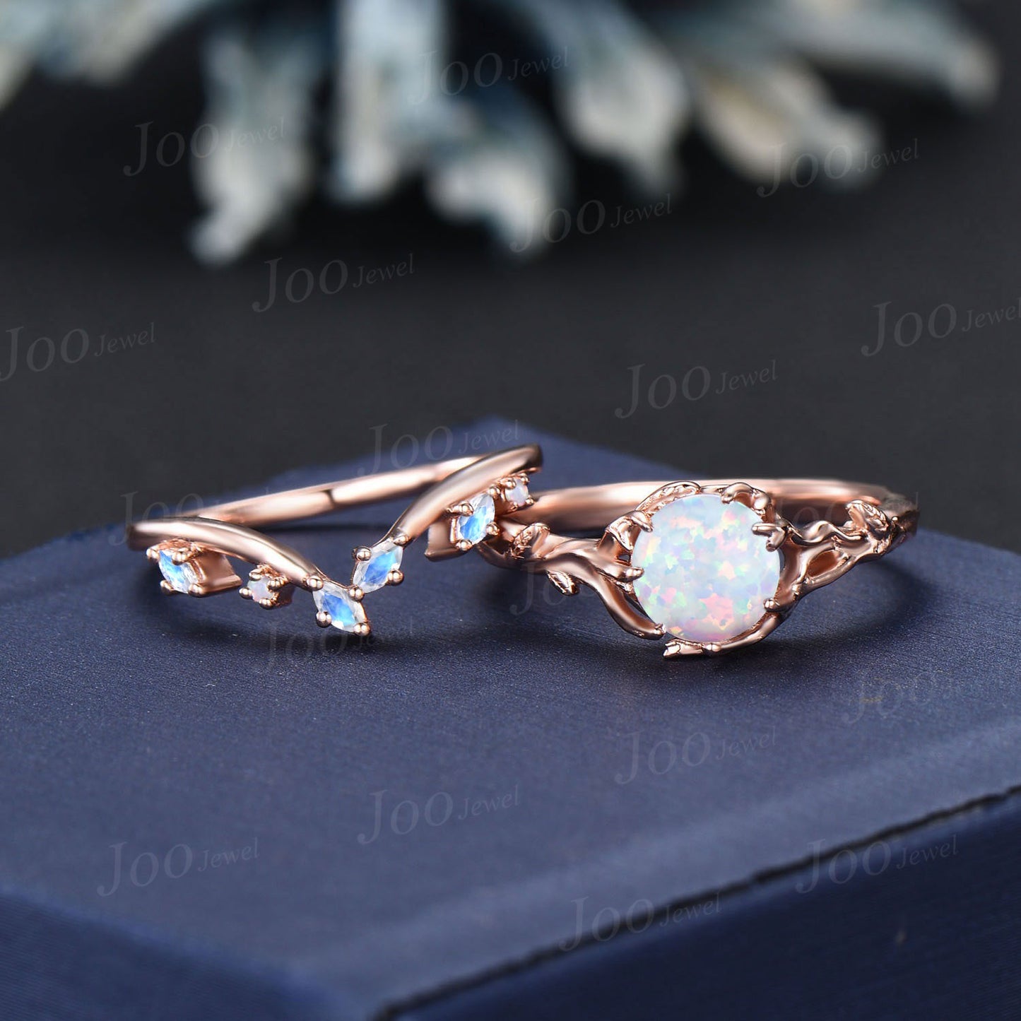 Twig Vine White Fire Opal Solitaire Wedding Rings 14K Rose Gold Moonstone Ring Set Tree Bark Nature Themed Round Opal Bridal Set for Women