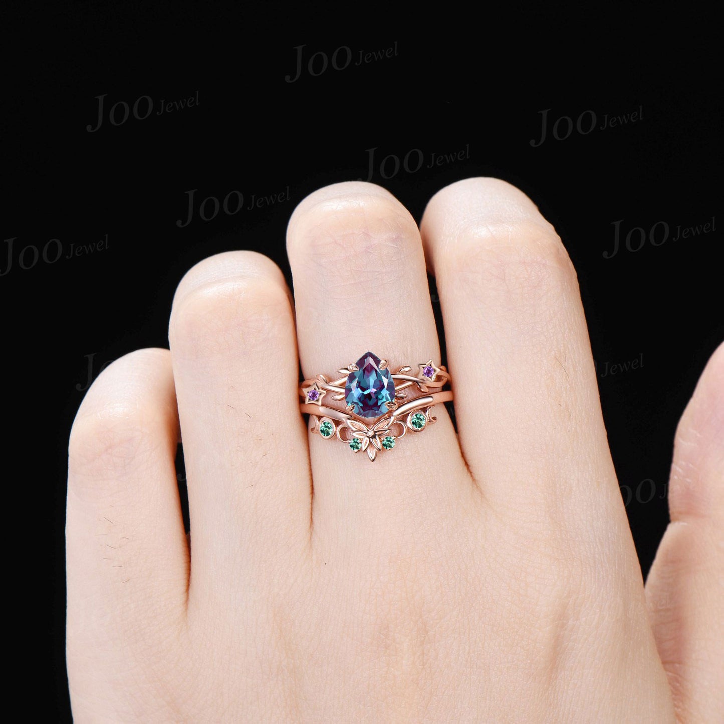 Twisted Twig Vine Alexandrite Amethyst Wedding Ring Set 1.25ct Pear Engagement Ring Rose Gold Trinity Celtic Knot Moon Green Emerald Band