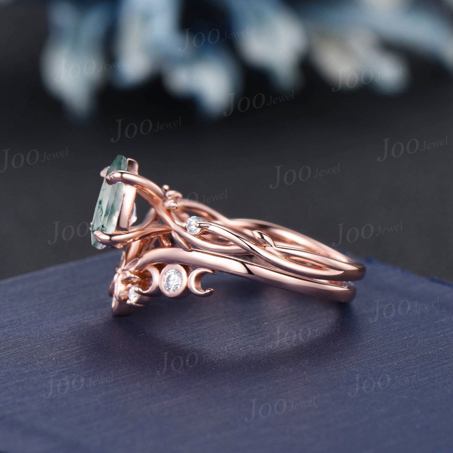 Twist Twig Vine Moss Agate Diamond Moon Star Ring Set 1.25ct Pear Moss Agate Engagement Ring Set Nature Inspired Aquatic Agate Bridal Ring