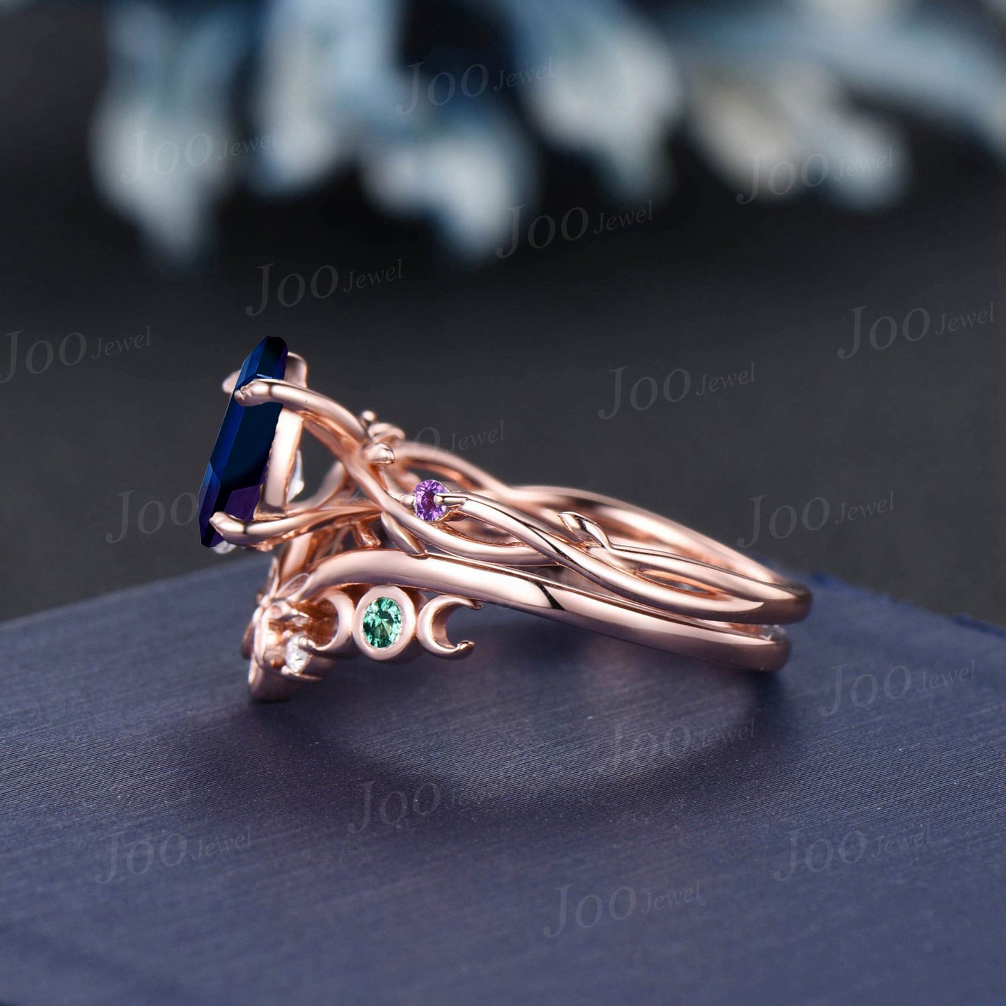Twisted Twig Vine Alexandrite Amethyst Wedding Ring Set 1.25ct Pear Engagement Ring Rose Gold Trinity Celtic Knot Moon Green Emerald Band