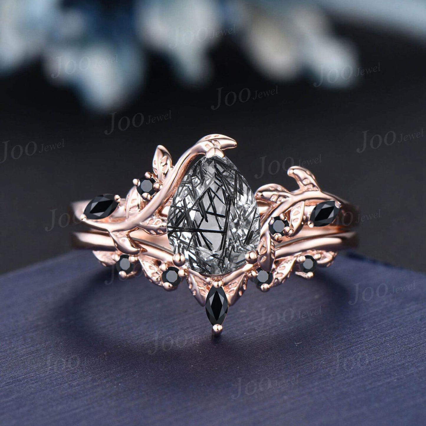 Antique Natural Black Rutilated Quartz Pear Engagement Ring Leaf Nature Inspired Black Spinel Diamond Ring Women Art Deco Black Promise Ring