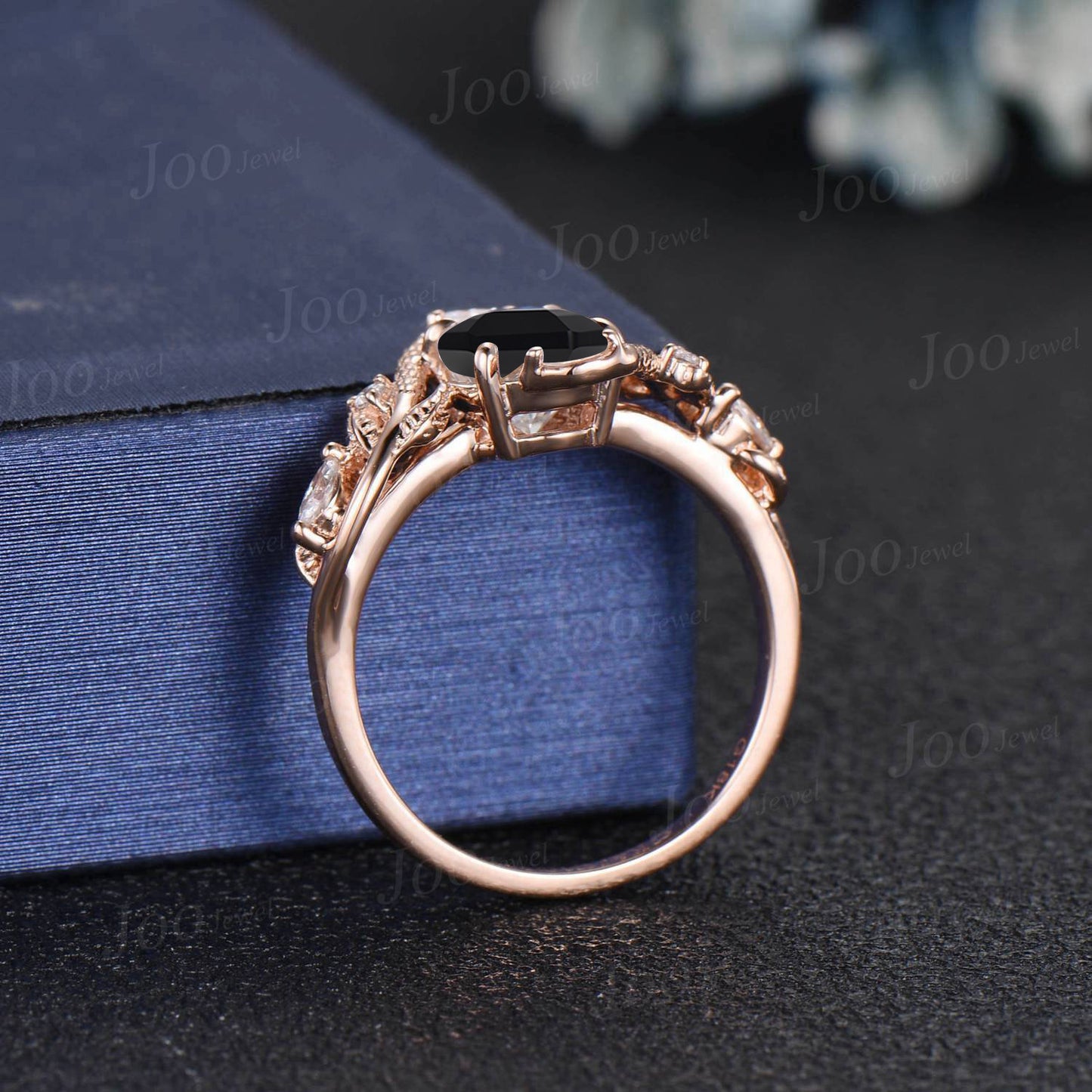 Unique Gothic Natural Black Onyx Garnet Snake Engagement Ring Vintage 14K Rose/Black Gold Nature Inspired Leaf Oval Wedding Ring for Women