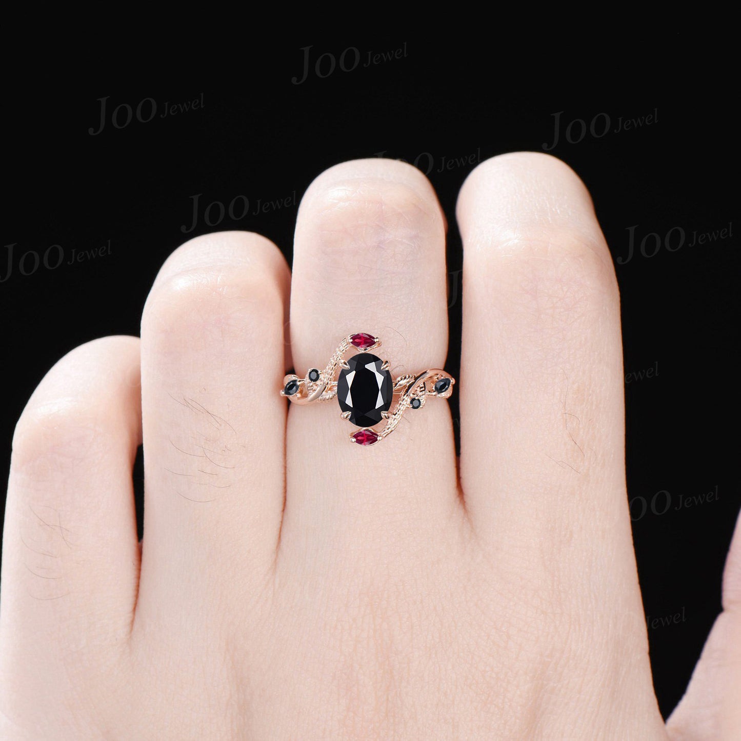 Unique Gothic Natural Black Onyx Garnet Snake Engagement Ring Vintage 14K Rose/Black Gold Nature Inspired Leaf Oval Wedding Ring for Women