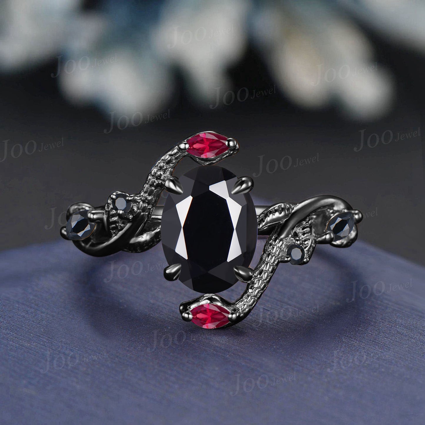 Unique Gothic Natural Black Onyx Garnet Snake Engagement Ring Vintage 14K Rose/Black Gold Nature Inspired Leaf Oval Wedding Ring for Women