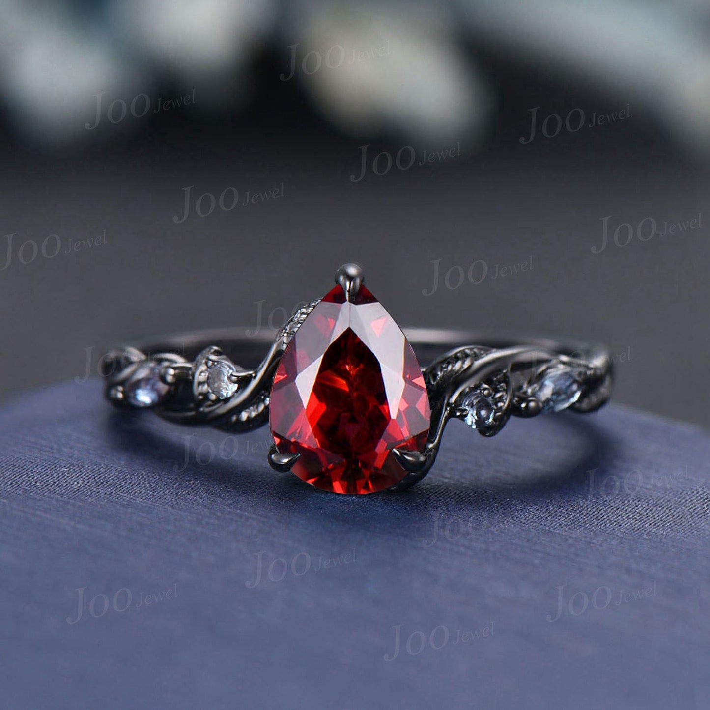 1.25ct Pear Cut Natural Red Garnet Black Gold Bridal Set Leaf Wedding Ring Garnet Alexandrite Wedding Ring Set Antique Vintage Proposal Gift