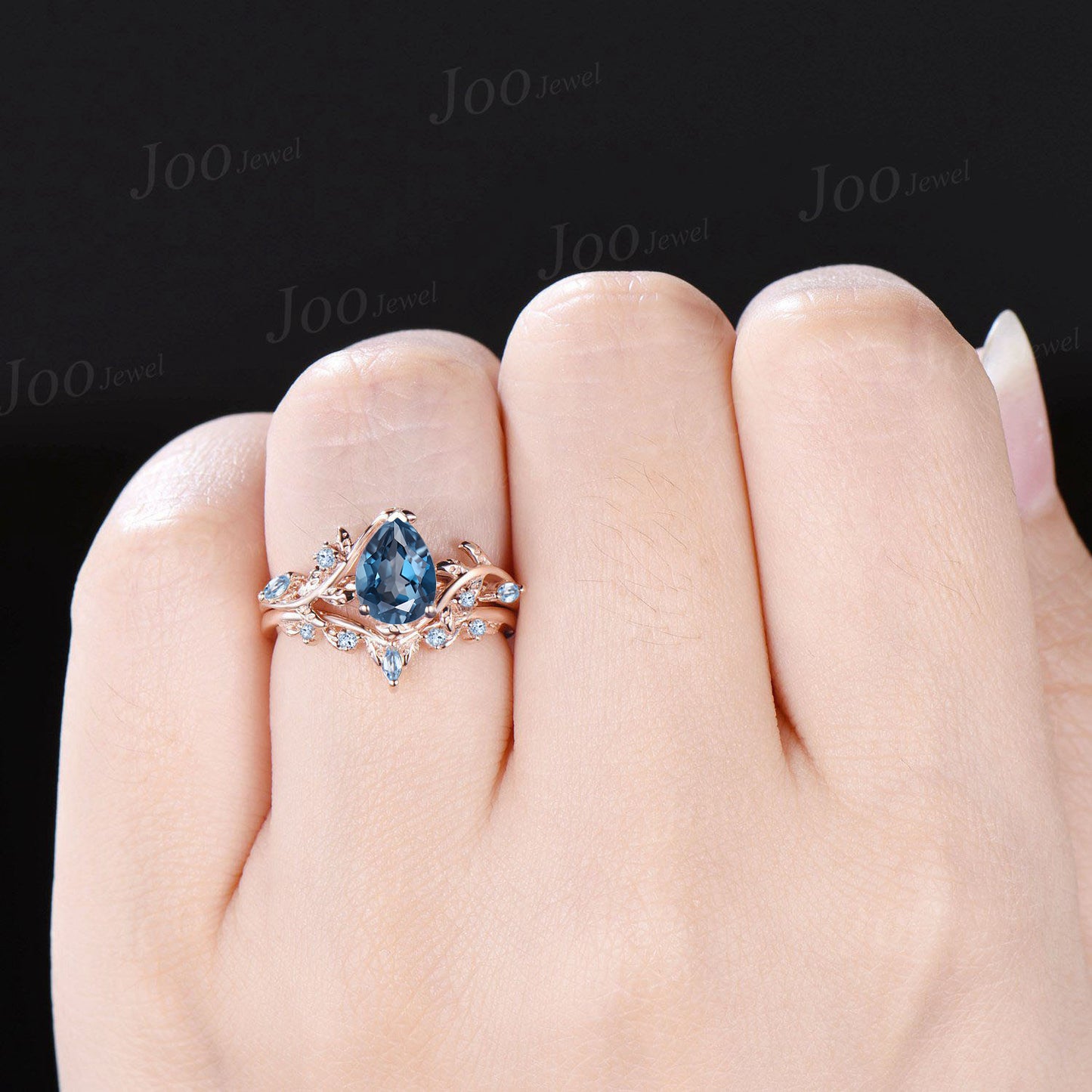 Leaf Branch Nature Inspired Pear Cut Natural London Blue Topaz Engagement Ring Set Aquamarine Wedding Ring Unique December Birthstone Gifts