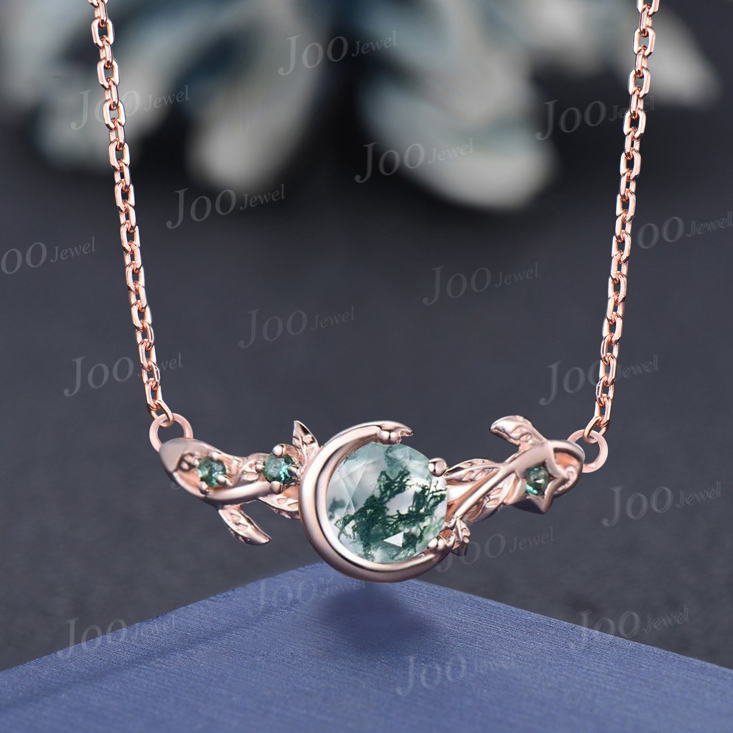 Nature Inspired Branch Necklace Natural Moss Agate Pendant Vintage Moon Star Design Round Moss Agate Green Emerald Leaf Necklace Unique Gift