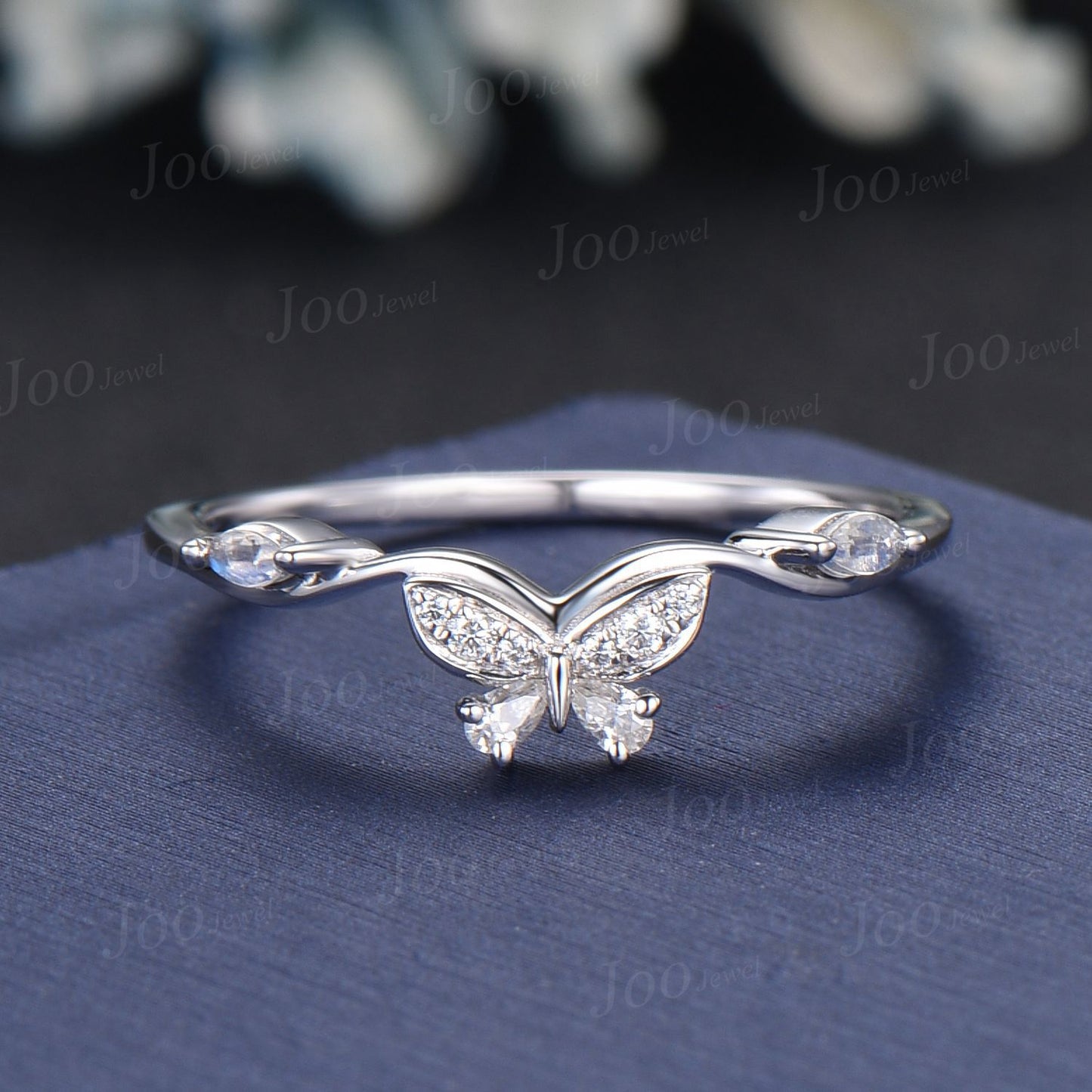 Marquise Cut Natural Moonstone Contour Wedding Band 10K White Gold Butterfly Nesting Band Unique Vintage Stacking Matching Bridal Gift Women