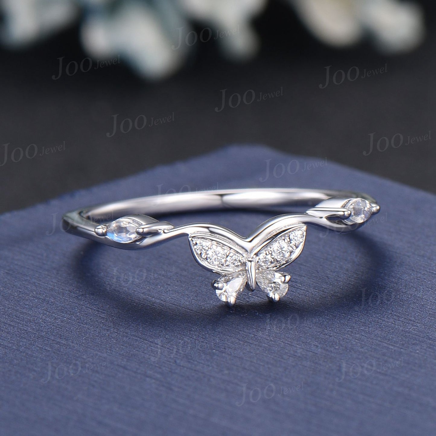 Marquise Cut Natural Moonstone Contour Wedding Band 10K White Gold Butterfly Nesting Band Unique Vintage Stacking Matching Bridal Gift Women
