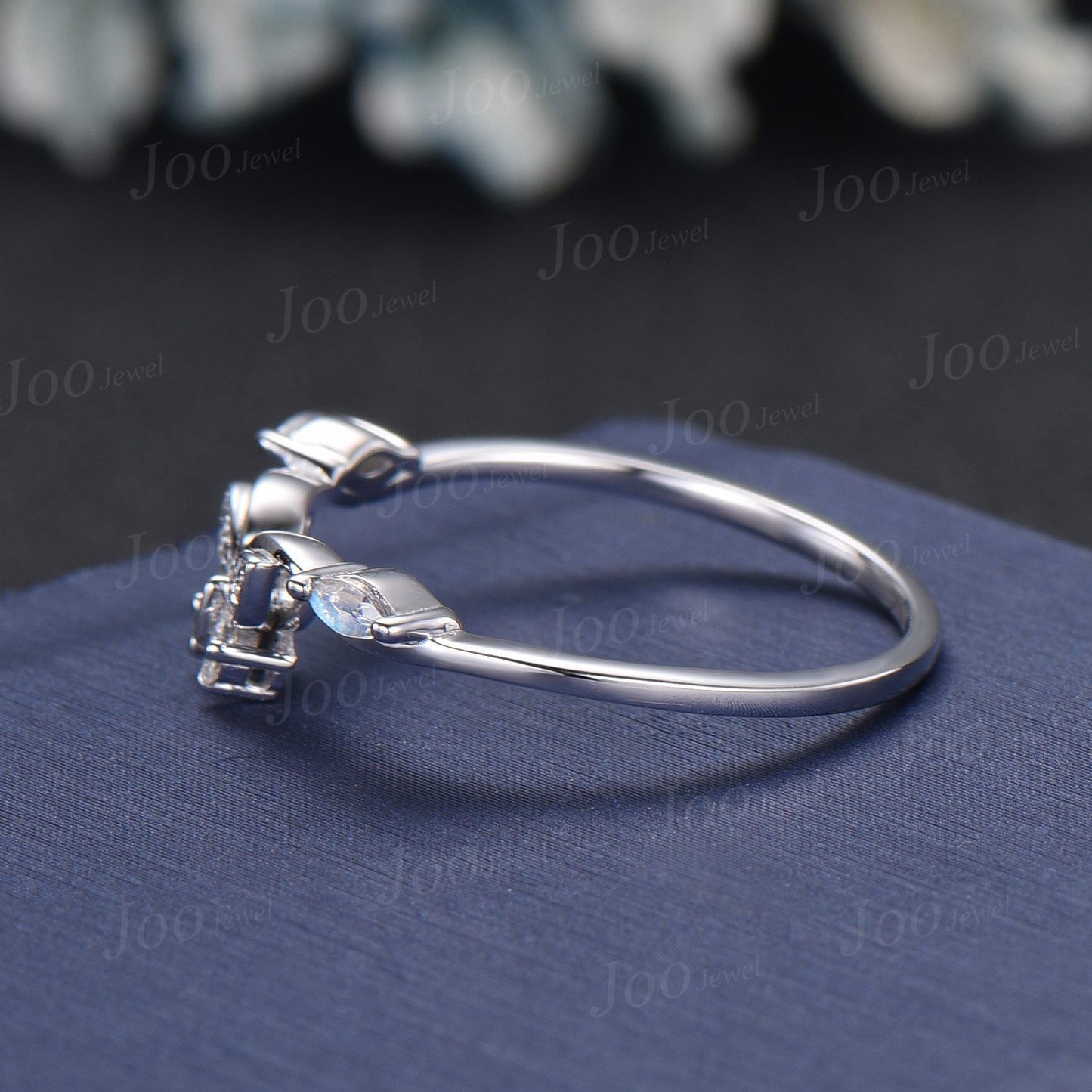 Marquise Cut Natural Moonstone Contour Wedding Band 10K White Gold Butterfly Nesting Band Unique Vintage Stacking Matching Bridal Gift Women