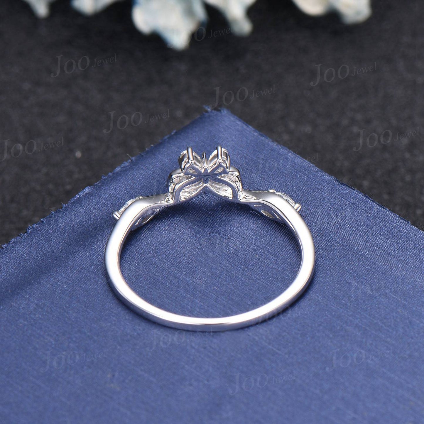 Marquise Cut Natural Moonstone Contour Wedding Band 10K White Gold Butterfly Nesting Band Unique Vintage Stacking Matching Bridal Gift Women