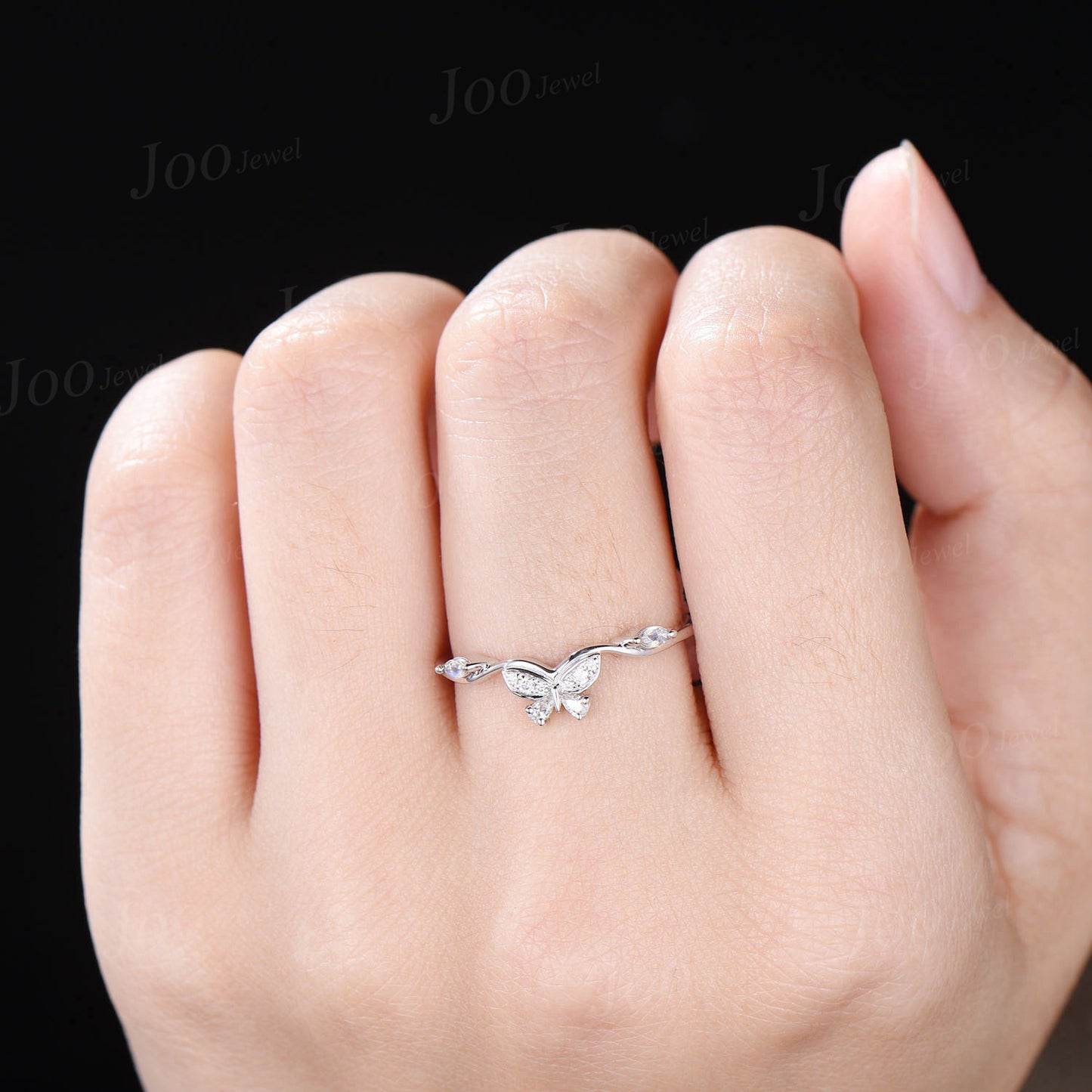 Marquise Cut Natural Moonstone Contour Wedding Band 10K White Gold Butterfly Nesting Band Unique Vintage Stacking Matching Bridal Gift Women