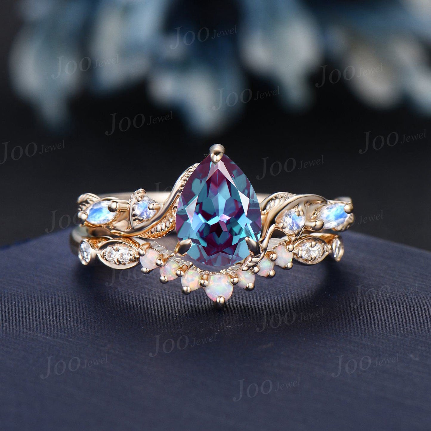 Twig Vine Color-Change Alexandrite Moonstone Ring Set 10K Gold 1.25ct Nature Inspired Pear Alexandrite Engagement Rings Opal Wedding Band