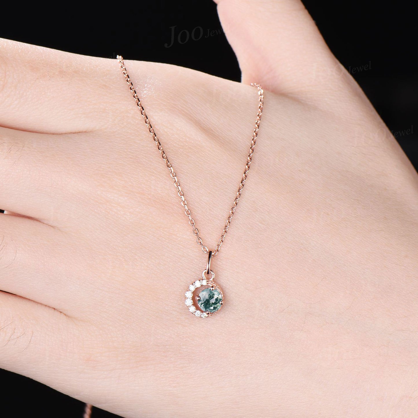 Dainty 5mm Round Cut Natural Moss Agate Pendant Necklace Silver/14K Solid Gold Green Gemstone Wedding Necklace Unique Celestial Moon Jewelry