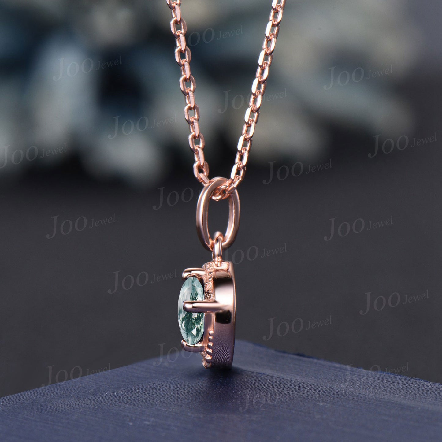 Dainty 5mm Round Cut Natural Moss Agate Pendant Necklace Silver/14K Solid Gold Green Gemstone Wedding Necklace Unique Celestial Moon Jewelry