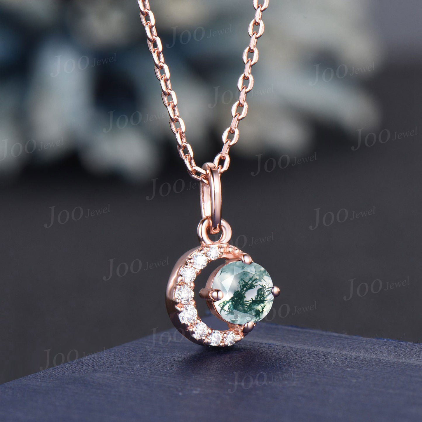 Dainty 5mm Round Cut Natural Moss Agate Pendant Necklace Silver/14K Solid Gold Green Gemstone Wedding Necklace Unique Celestial Moon Jewelry