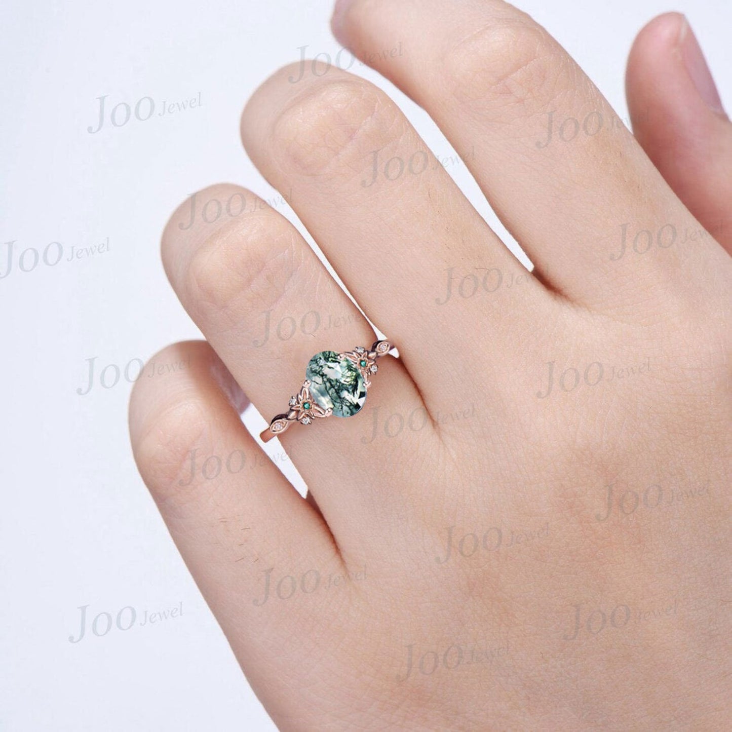 Vintage Oval Natural Green Moss Agate Emerald Engagement Ring Rose Gold Twig Leaf Floral Antique Unique Cluster Diamond Bridal Wedding Ring
