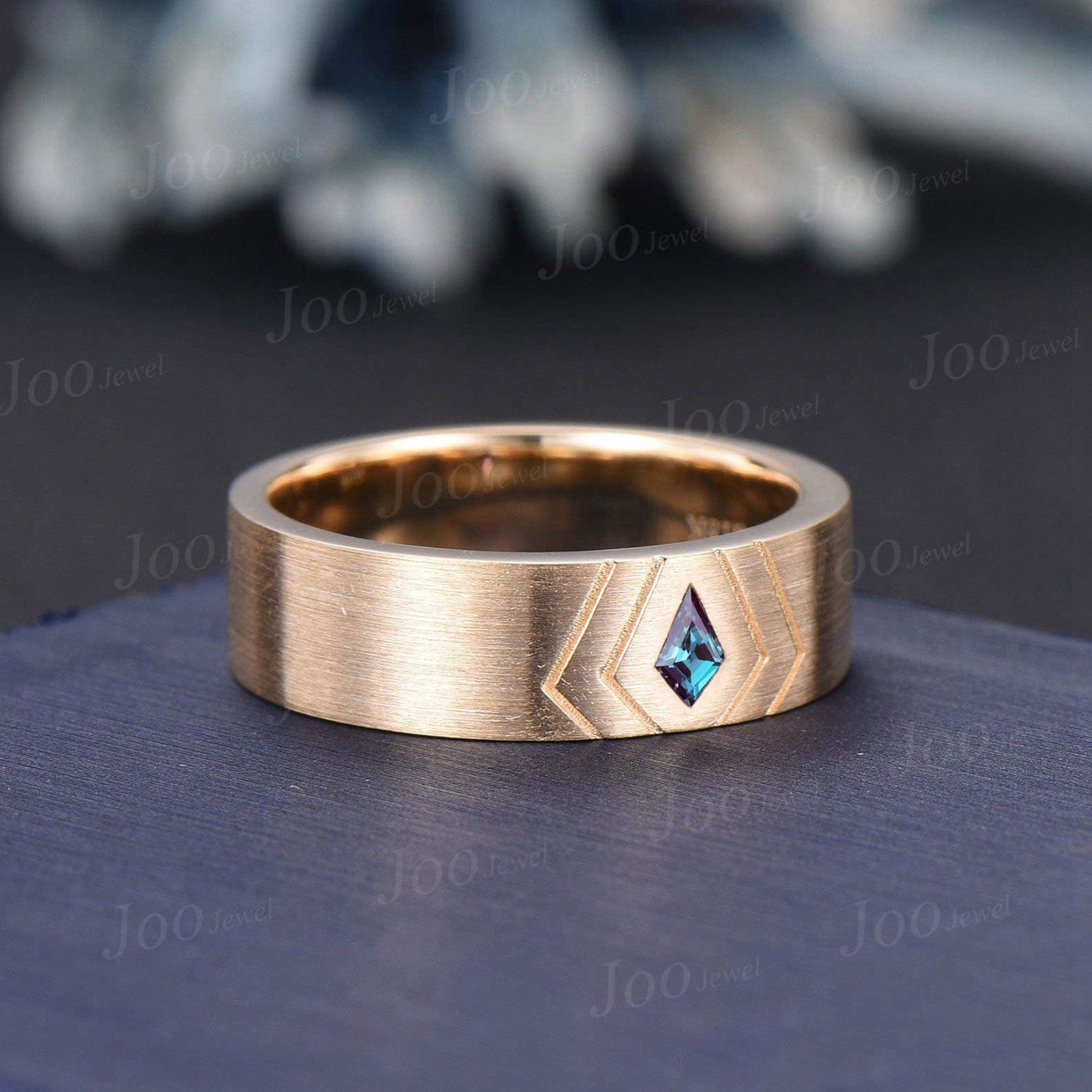 Kite Cut Alexandrite Men Wedding Band 14K Yellow Gold 6mm Men Engagement Ring Brushed Finished Band Mens Stacking Band Fiancé Promise Ring