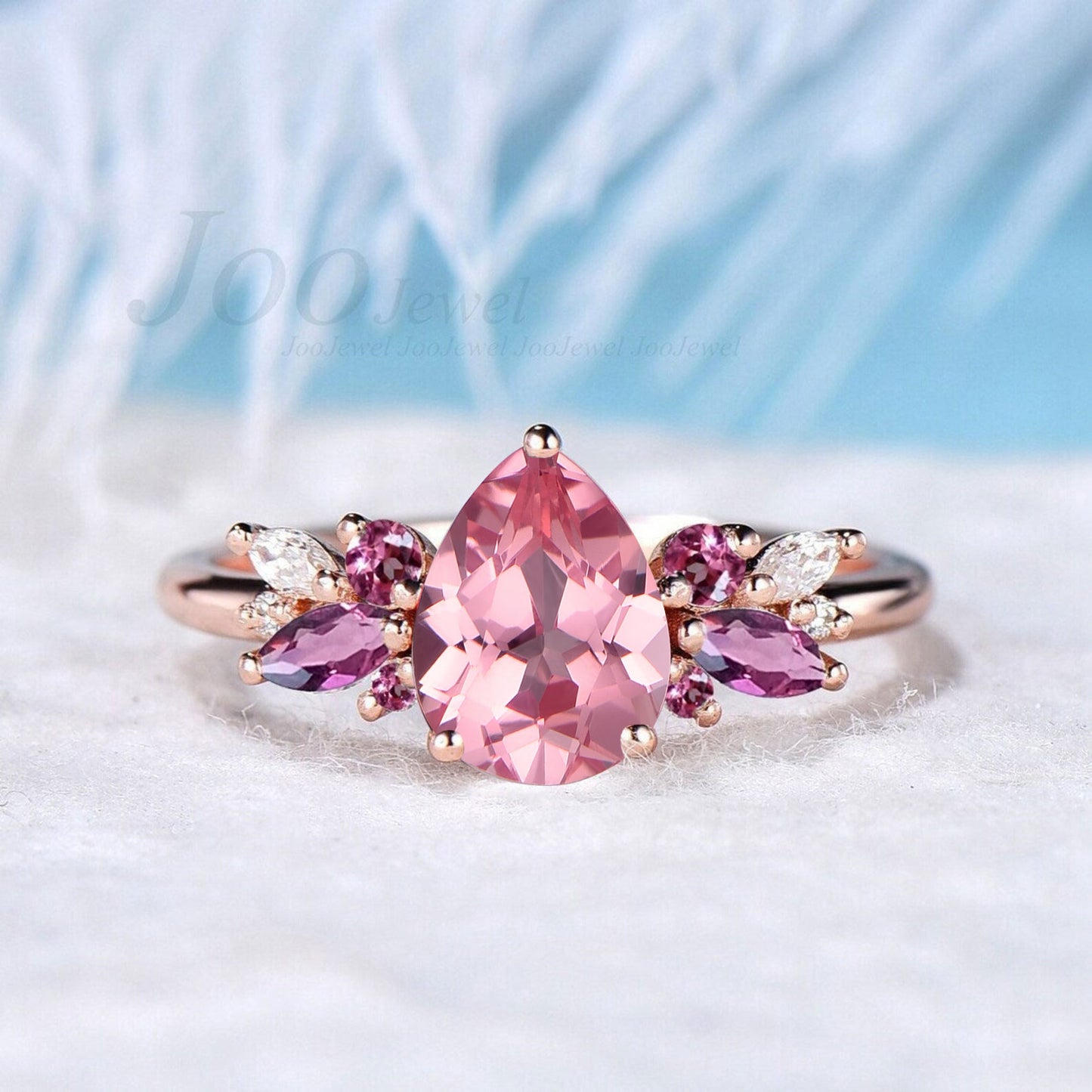 1.25ct Pear Cut Pink Padparadscha Engagement Ring Real Pink Tourmaline Moissanite Cluster Bridal Set Twig Vine Band Anniversary Gifts Women