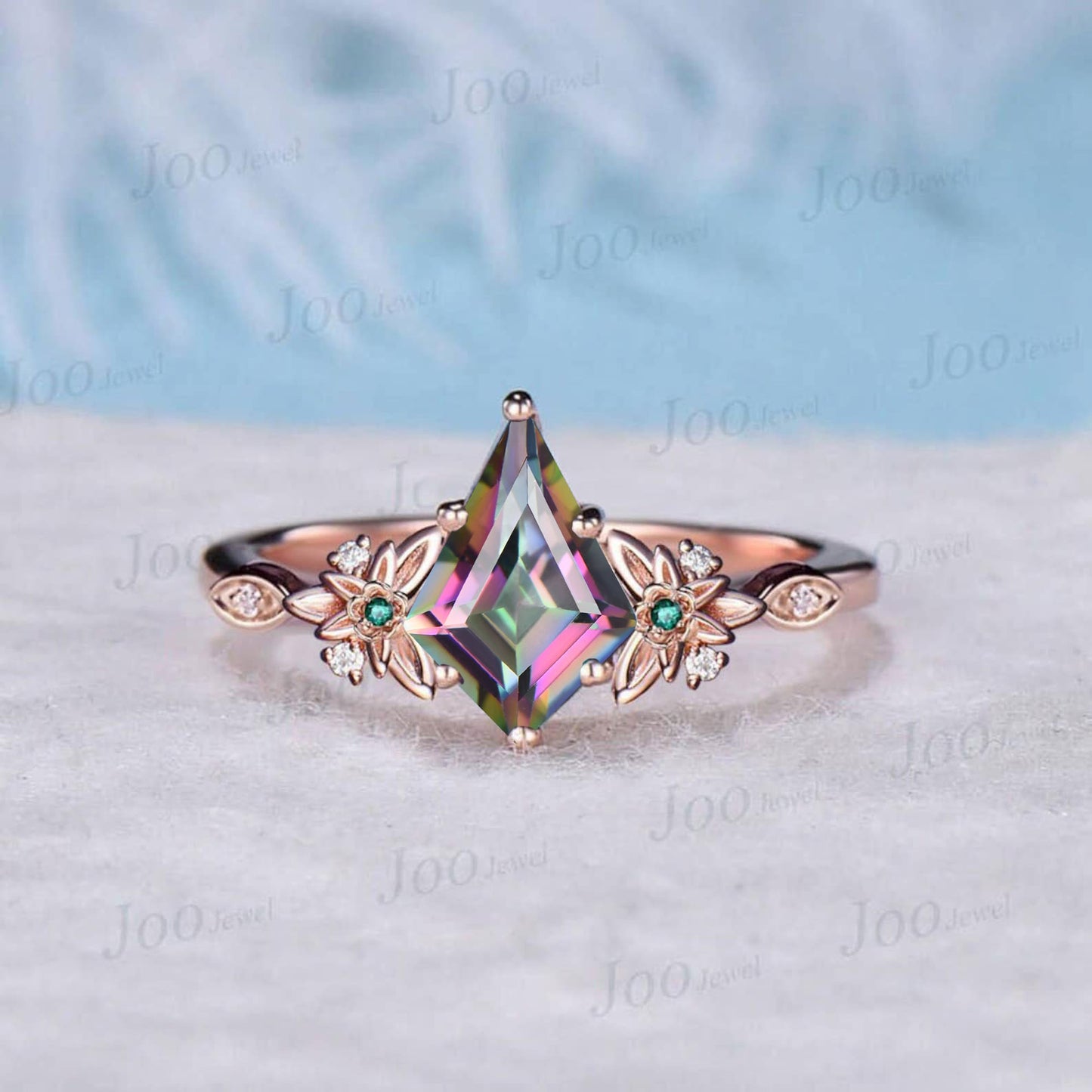 Vintage Mystic Topaz Diamond Engagement Ring 14K Rose Gold Floral Emerald Leaf Ring for Women Unique Cluster Art Deco Bridal Wedding Ring