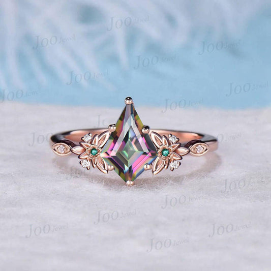 Vintage Mystic Topaz Diamond Engagement Ring 14K Rose Gold Floral Emerald Leaf Ring for Women Unique Cluster Art Deco Bridal Wedding Ring