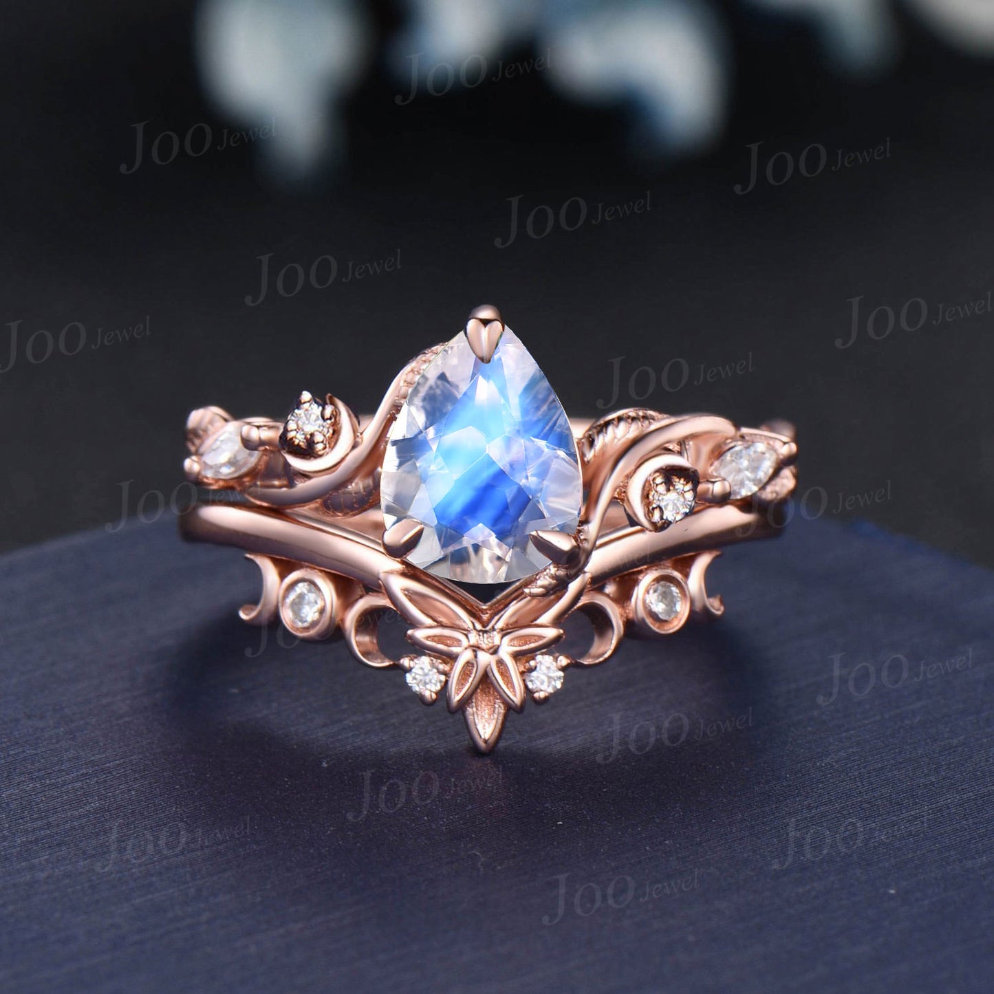 Pear Natural Moonstone Diamond Crescent Moon Engagement Ring 14K Rose Gold Nature Inspired Celtic Ring For Women June Birthstone Bridal Ring