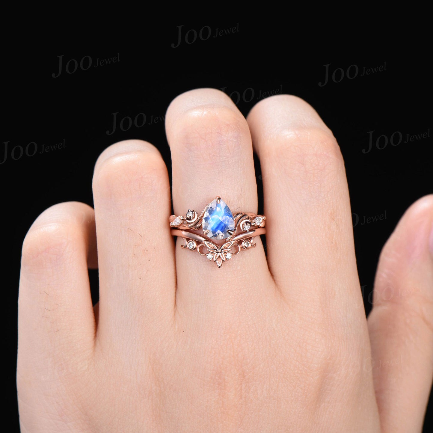 Pear Natural Moonstone Diamond Crescent Moon Engagement Ring 14K Rose Gold Nature Inspired Celtic Ring For Women June Birthstone Bridal Ring