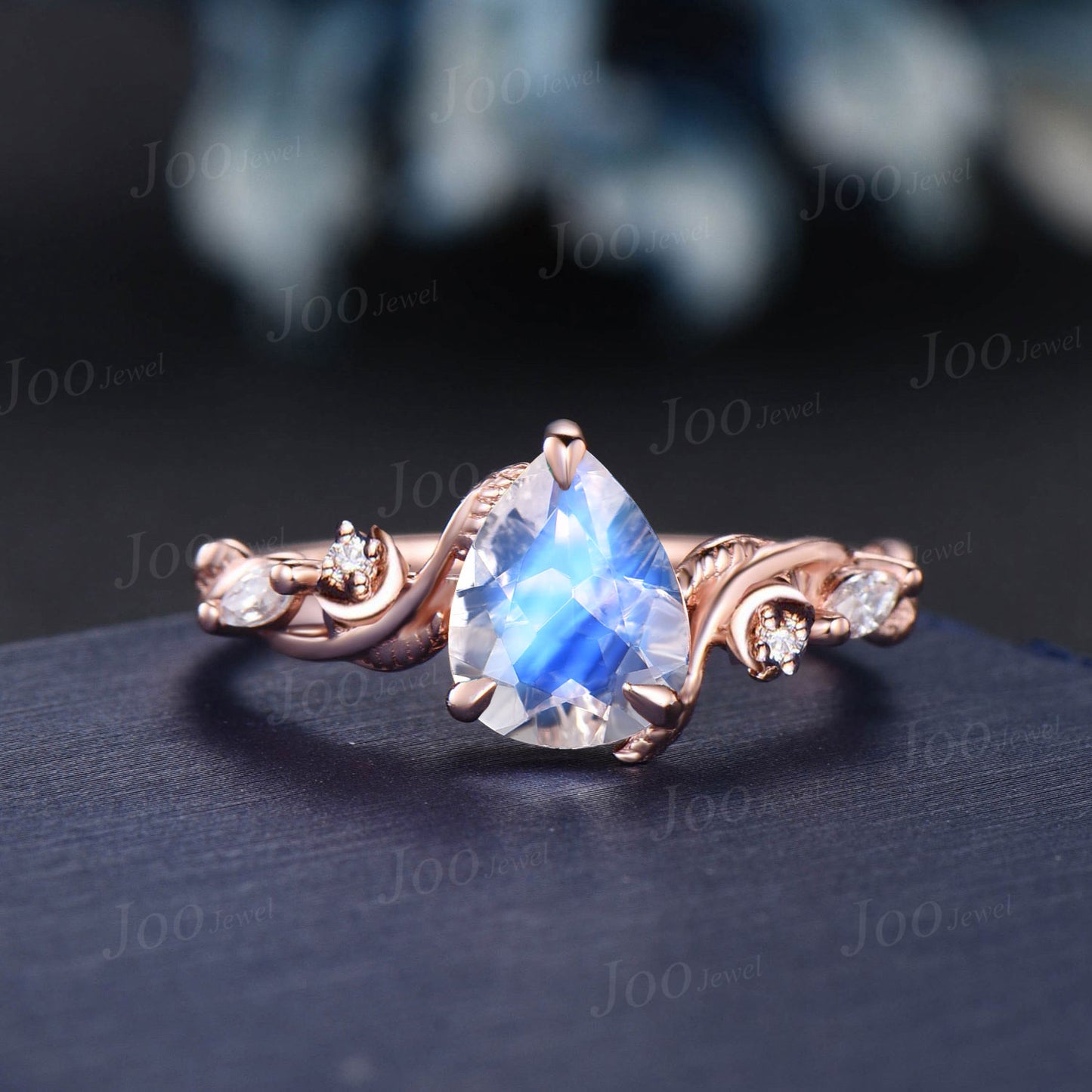Pear Natural Moonstone Diamond Crescent Moon Engagement Ring 14K Rose Gold Nature Inspired Celtic Ring For Women June Birthstone Bridal Ring